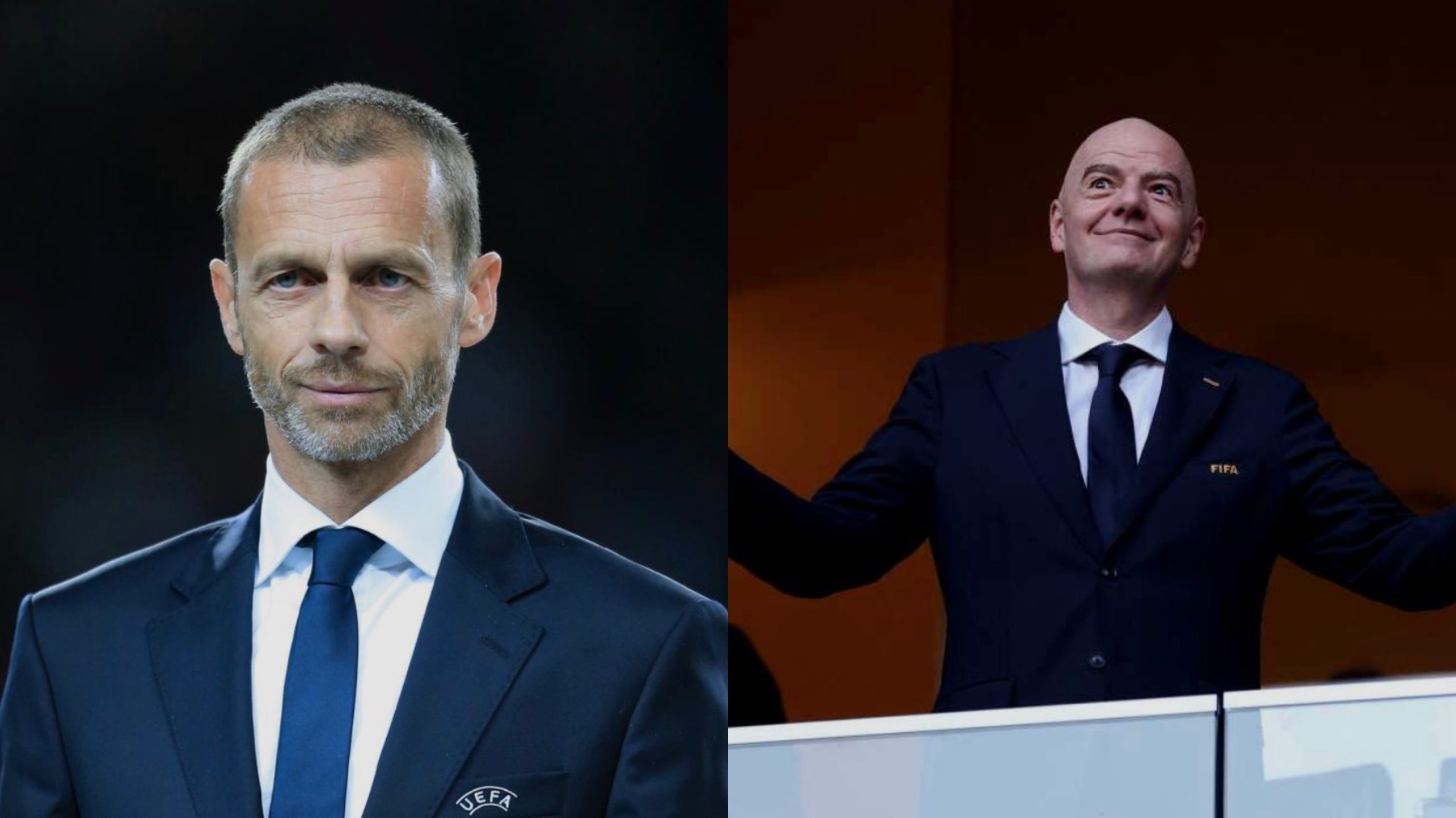 Two men in dark suits at a formal event; the left man has a short gray beard and the right man is bald with arms raised on a stage.